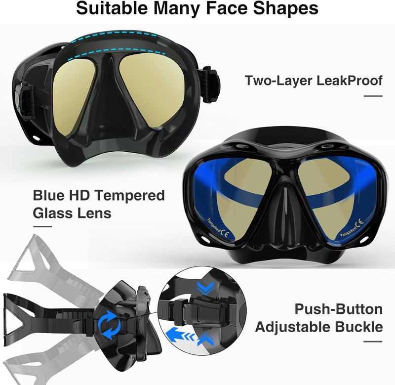MELUMILU Snorkeling Gear for Adults, Dry Snorkel Mask Set Blue Electroplated 180° Panoramic Wide View Anti-Fog Scuba Diving Mask Goggles, Professional Snorkel Gear for Adults Swimming, Diving - Image 4